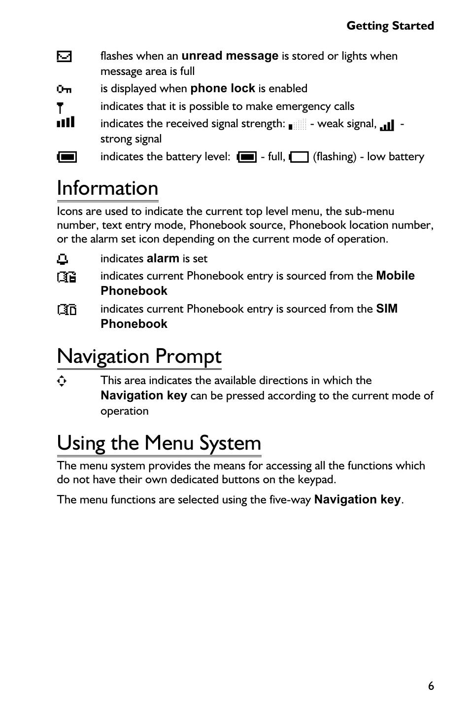 Information 6, Navigation prompt 6, Using the menu system 6 | Information, Navigation prompt, Using the menu system | Panasonic EB-GD75 User Manual | Page 15 / 80