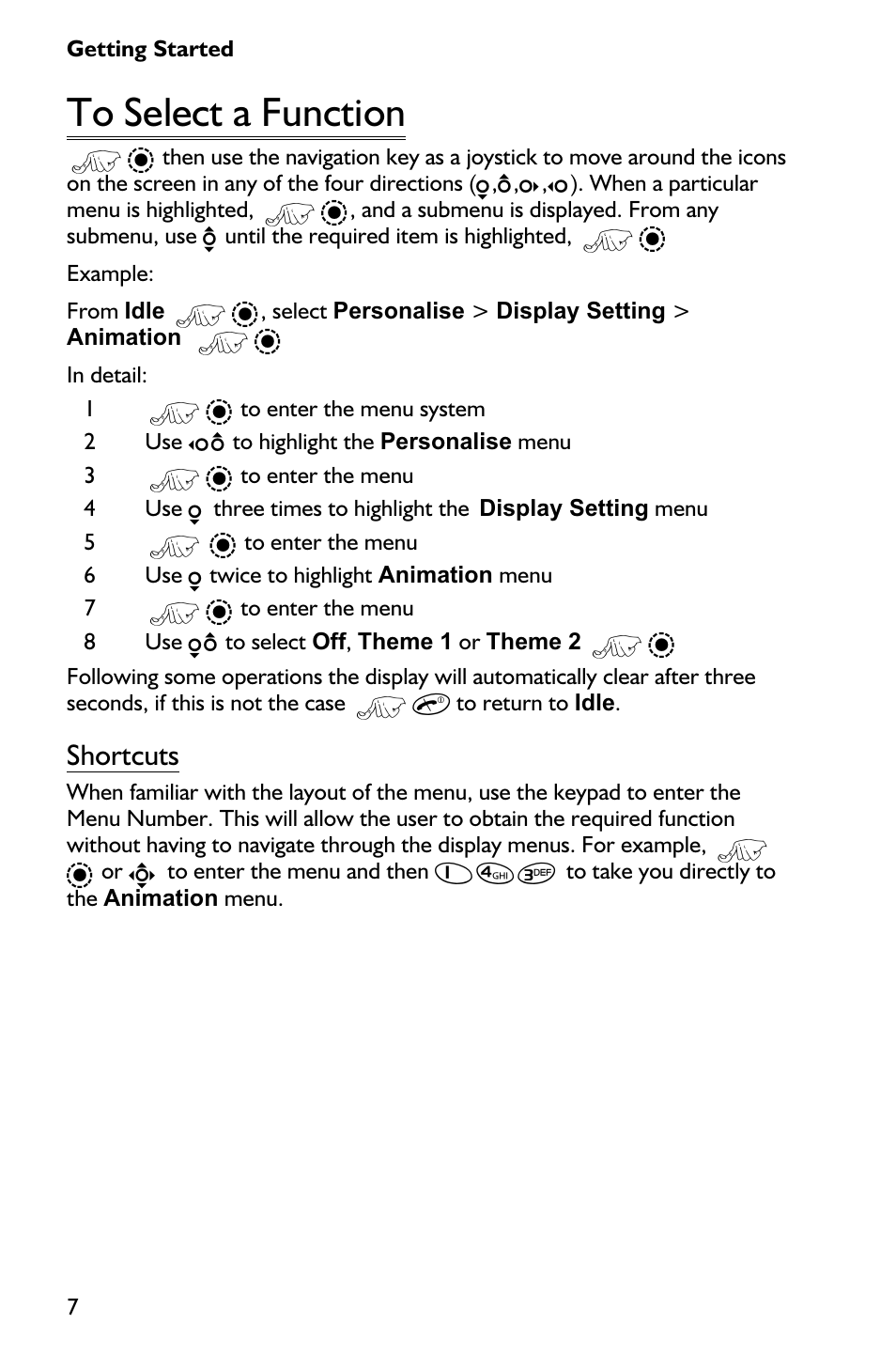 To select a function 7, To select a function, Shortcuts | Panasonic EB-GD75 User Manual | Page 16 / 80