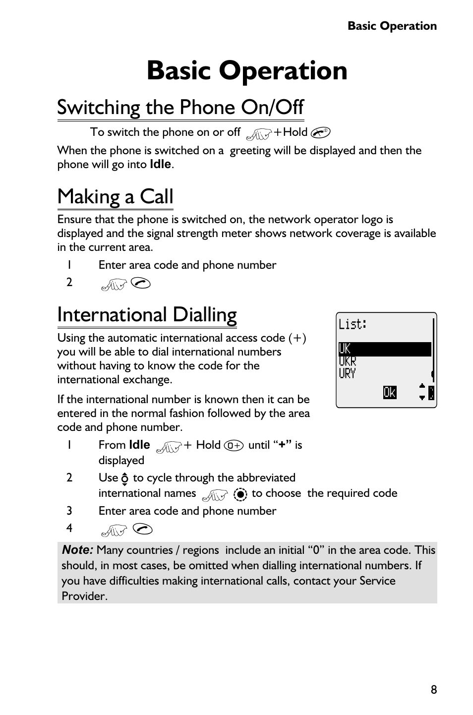 Basic operation 8, Switching the phone on/off 8, Making a call 8 | International dialling 8, Basic operation, Switching the phone on/off, Making a call, International dialling | Panasonic EB-GD75 User Manual | Page 17 / 80