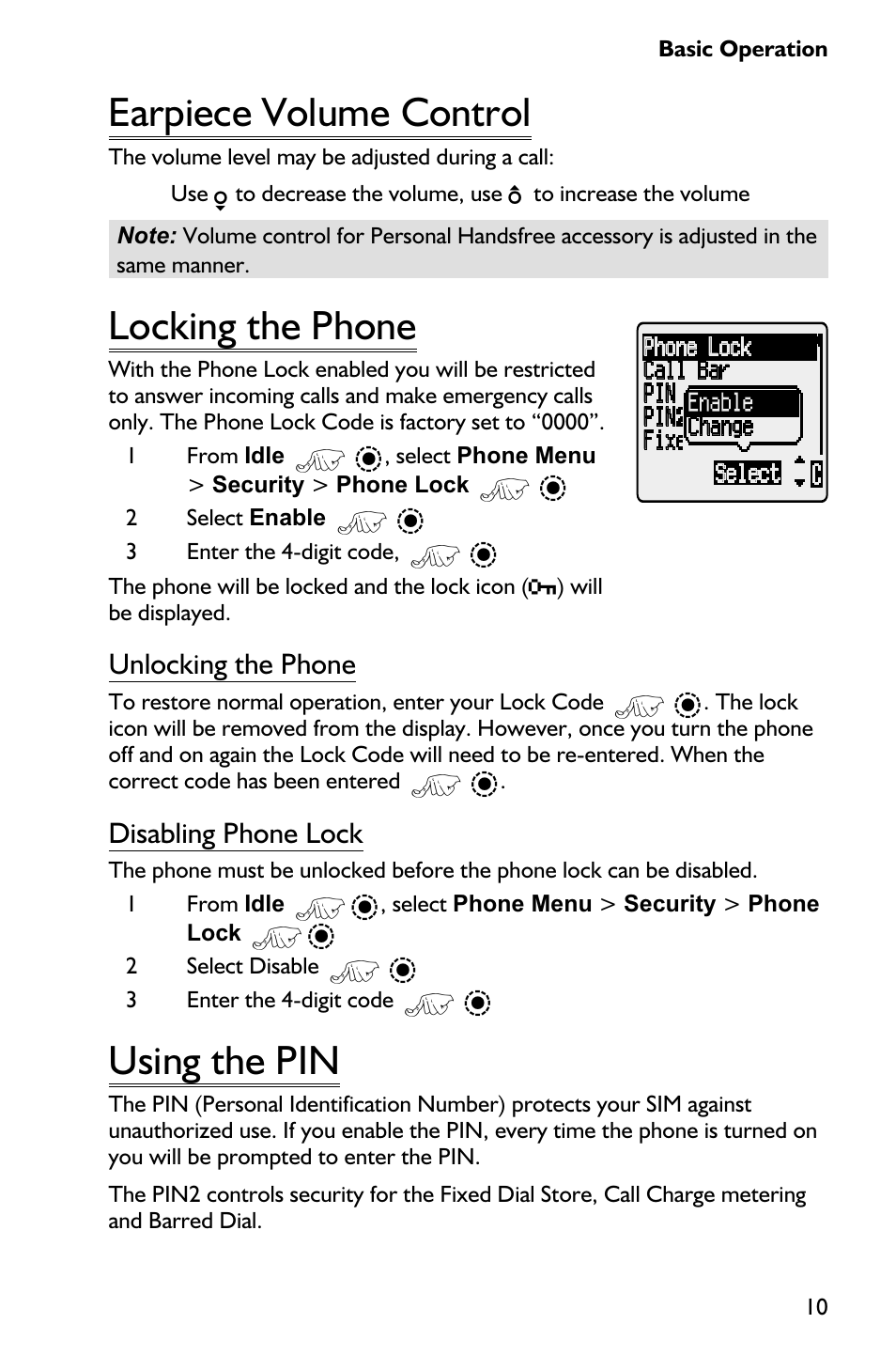 Earpiece volume control 10, Locking the phone 10, Using the pin 10 | Earpiece volume control, Locking the phone, Using the pin, Unlocking the phone, Disabling phone lock | Panasonic EB-GD75 User Manual | Page 19 / 80