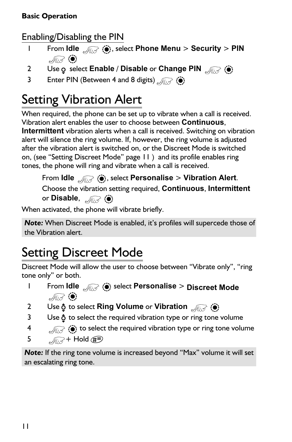 Setting vibration alert 11, Setting discreet mode 11, Setting vibration alert | Setting discreet mode, Enabling/disabling the pin | Panasonic EB-GD75 User Manual | Page 20 / 80