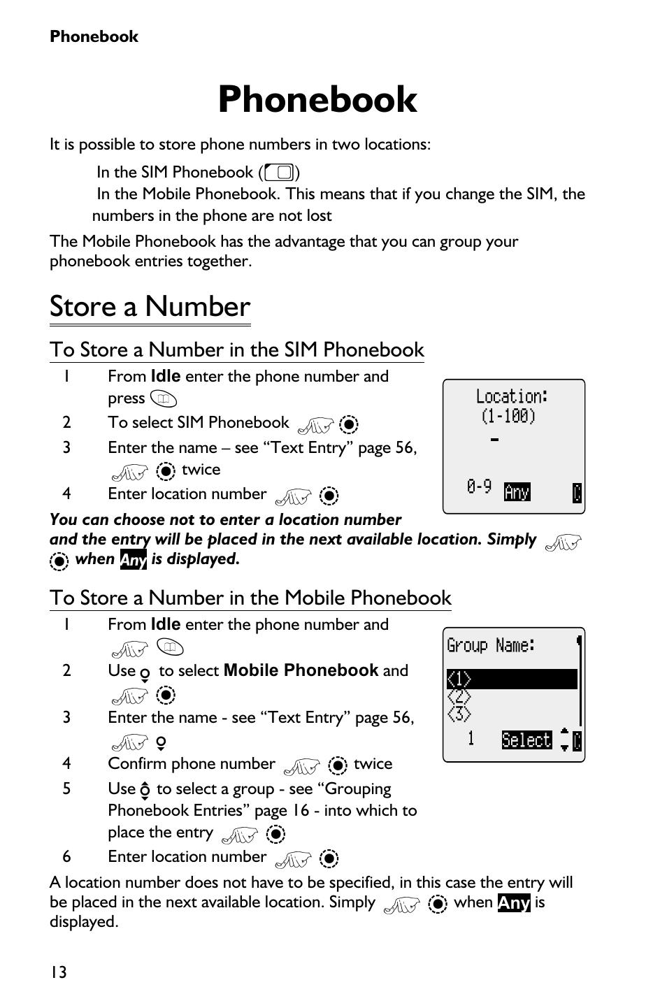 Phonebook 13, Store a number 13, Phonebook | Store a number | Panasonic EB-GD75 User Manual | Page 22 / 80
