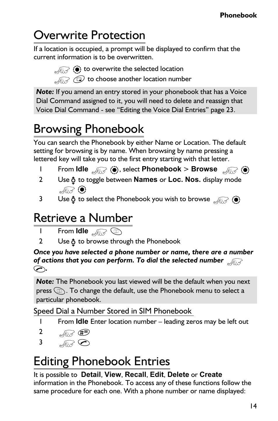 Overwrite protection 14, Browsing phonebook 14, Retrieve a number 14 | Editing phonebook entries 14, Overwrite protection, Browsing phonebook, Retrieve a number, Editing phonebook entries | Panasonic EB-GD75 User Manual | Page 23 / 80