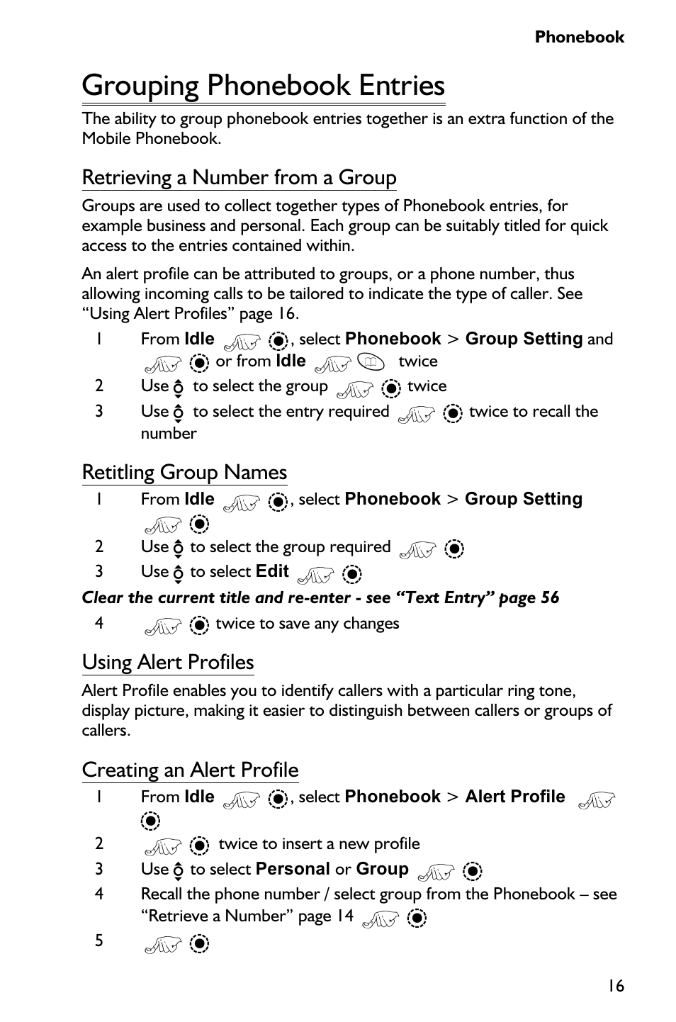 Grouping phonebook entries 16, Grouping phonebook entries, Retrieving a number from a group | Retitling group names, Using alert profiles, Creating an alert profile | Panasonic EB-GD75 User Manual | Page 25 / 80