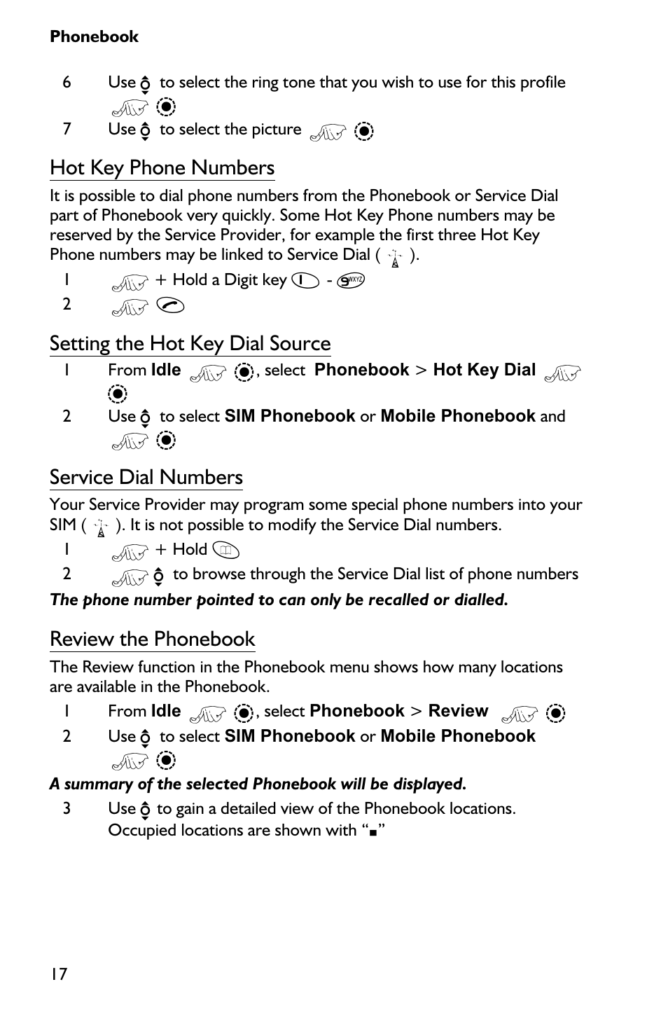 Hot key phone numbers, Setting the hot key dial source, Service dial numbers | Review the phonebook | Panasonic EB-GD75 User Manual | Page 26 / 80