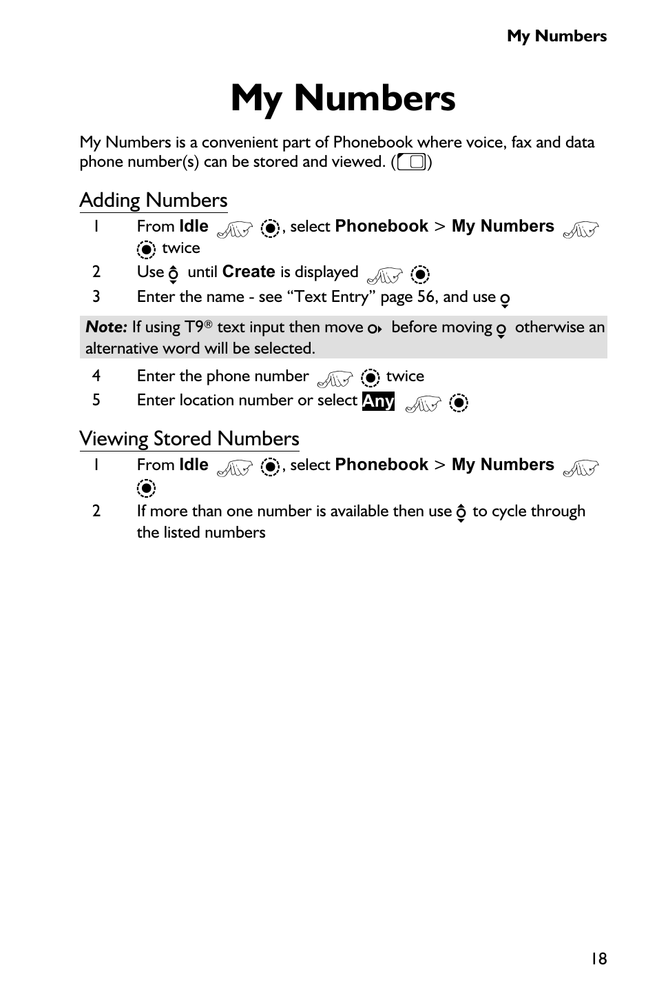 My numbers 18, My numbers, Adding numbers | Viewing stored numbers | Panasonic EB-GD75 User Manual | Page 27 / 80