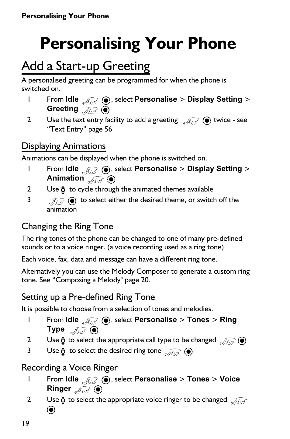 Personalising your phone 19, Add a start-up greeting 19, Personalising your phone | Add a start-up greeting, Displaying animations, Changing the ring tone, Setting up a pre-defined ring tone, Recording a voice ringer | Panasonic EB-GD75 User Manual | Page 28 / 80