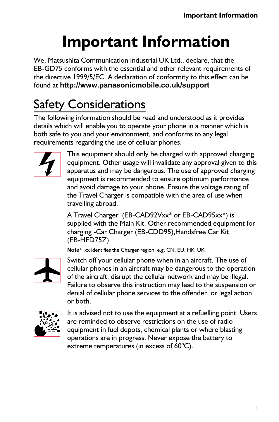 Important information i, Safety considerations i, Important information | Safety considerations | Panasonic EB-GD75 User Manual | Page 3 / 80
