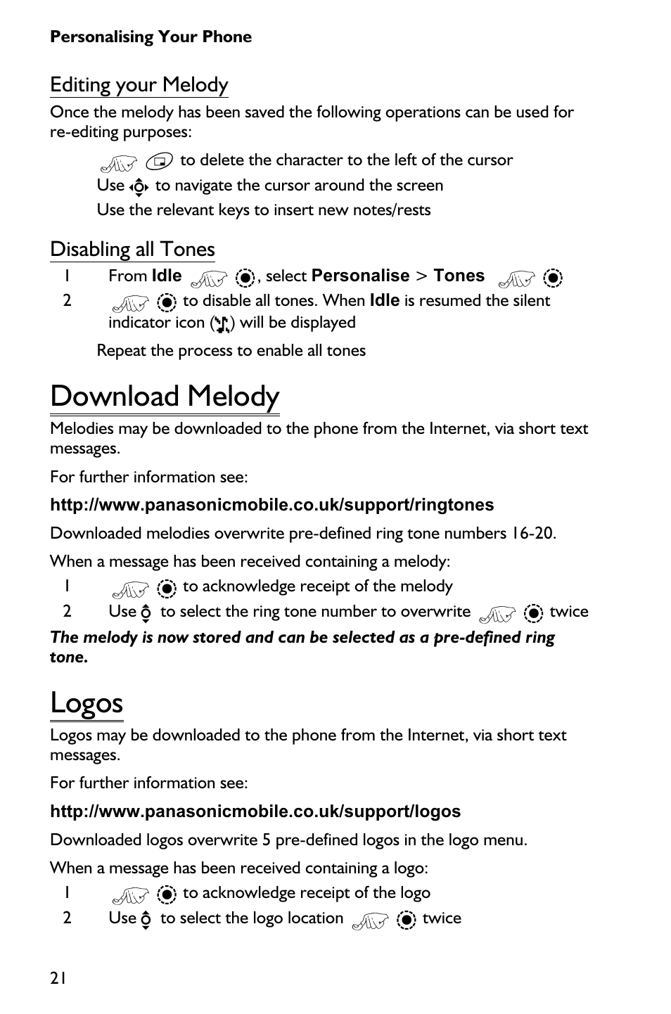 Download melody 21, Logos 21, Download melody | Logos, Editing your melody, Disabling all tones | Panasonic EB-GD75 User Manual | Page 30 / 80