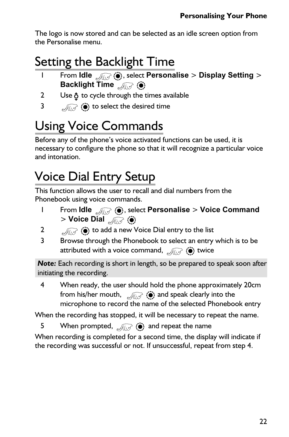 Setting the backlight time 22, Using voice commands 22, Voice dial entry setup 22 | Setting the backlight time, Using voice commands, Voice dial entry setup | Panasonic EB-GD75 User Manual | Page 31 / 80