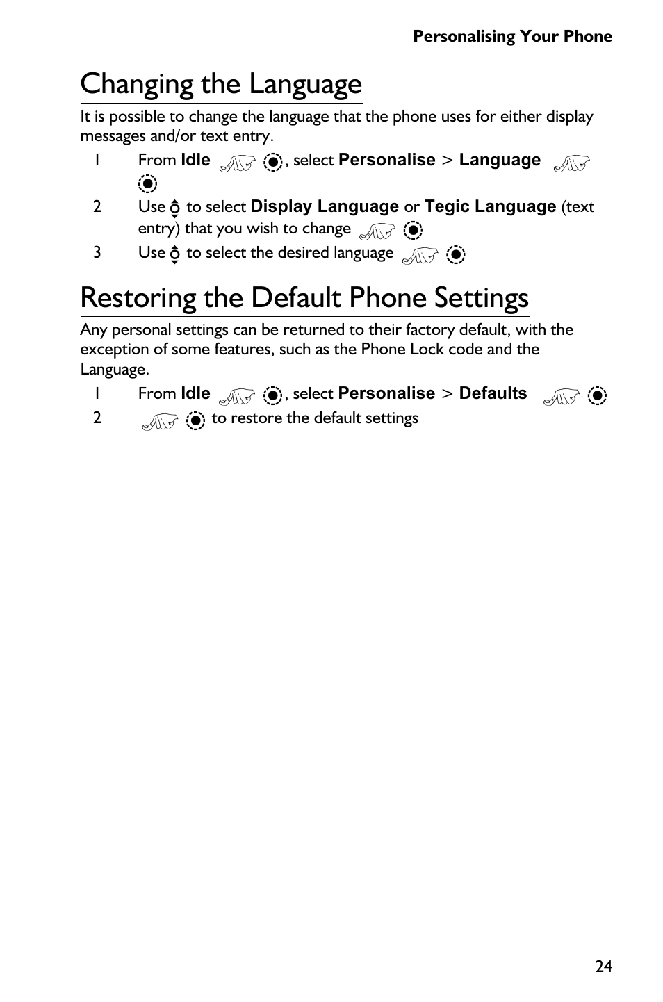 Changing the language 24, Restoring the default phone settings 24, Changing the language | Restoring the default phone settings | Panasonic EB-GD75 User Manual | Page 33 / 80
