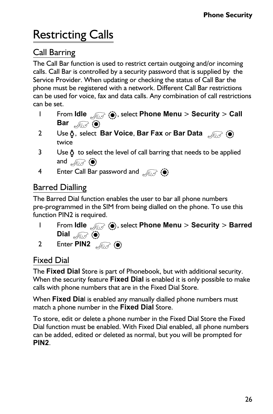Restricting calls 26, Restricting calls, Call barring | Barred dialling, Fixed dial | Panasonic EB-GD75 User Manual | Page 35 / 80