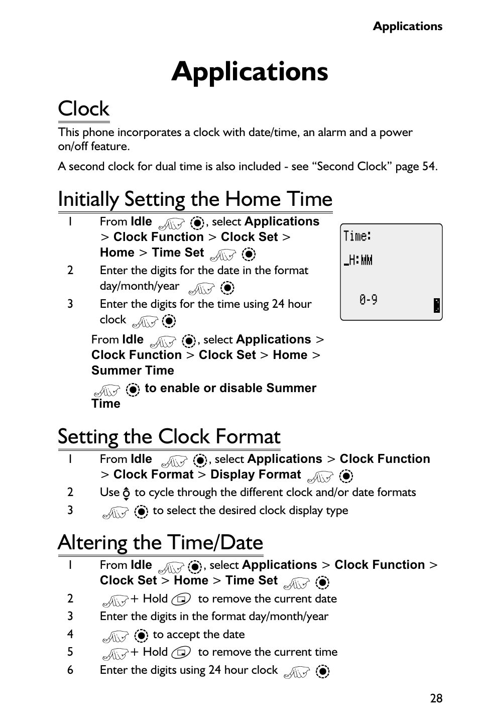 Applications 28, Clock 28, Initially setting the home time 28 | Setting the clock format 28, Altering the time/date 28, Applications, Clock, Initially setting the home time, Setting the clock format, Altering the time/date | Panasonic EB-GD75 User Manual | Page 37 / 80