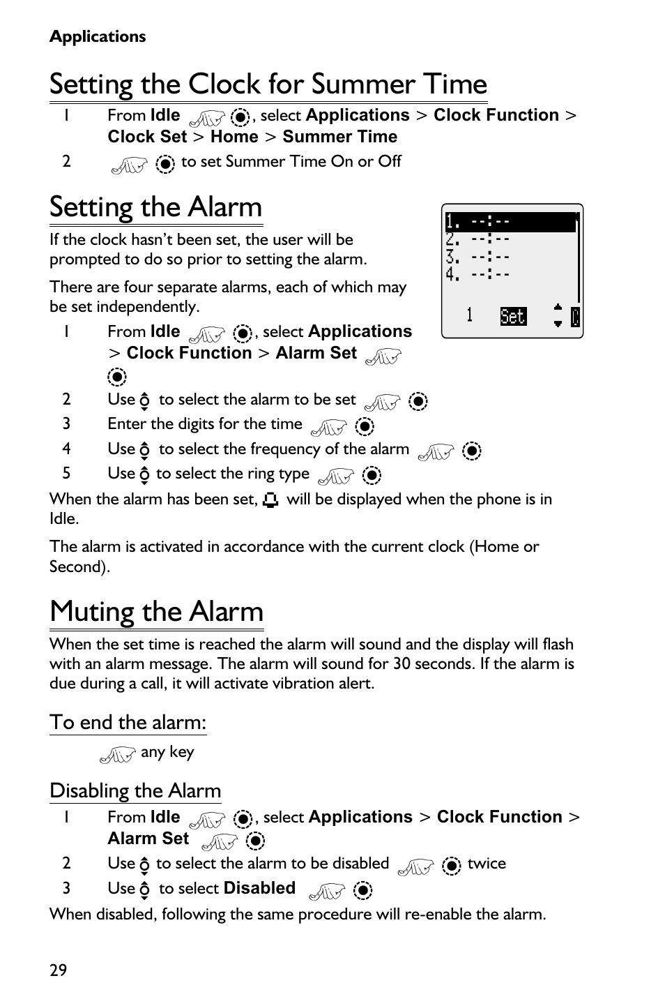 Setting the clock for summer time 29, Setting the alarm 29, Muting the alarm 29 | Setting the clock for summer time, Setting the alarm, Muting the alarm, Disabling the alarm | Panasonic EB-GD75 User Manual | Page 38 / 80