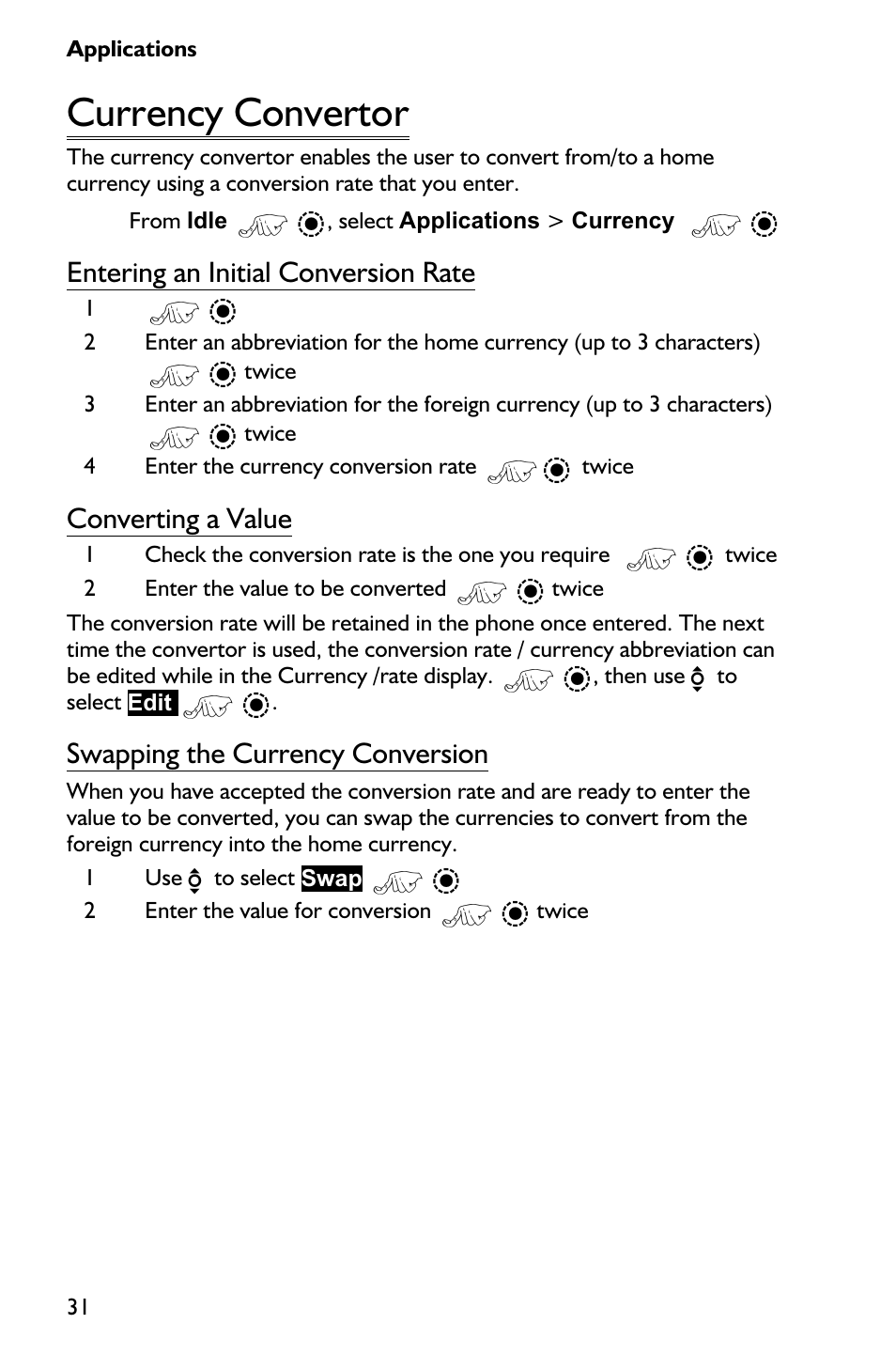 Currency convertor 31, Currency convertor, Entering an initial conversion rate | Converting a value, Swapping the currency conversion | Panasonic EB-GD75 User Manual | Page 40 / 80