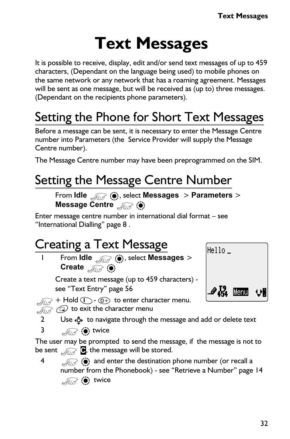 Text messages 32, Setting the phone for short text messages 32, Setting the message centre number 32 | Creating a text message 32, Text messages, Setting the phone for short text messages, Setting the message centre number, Creating a text message | Panasonic EB-GD75 User Manual | Page 41 / 80