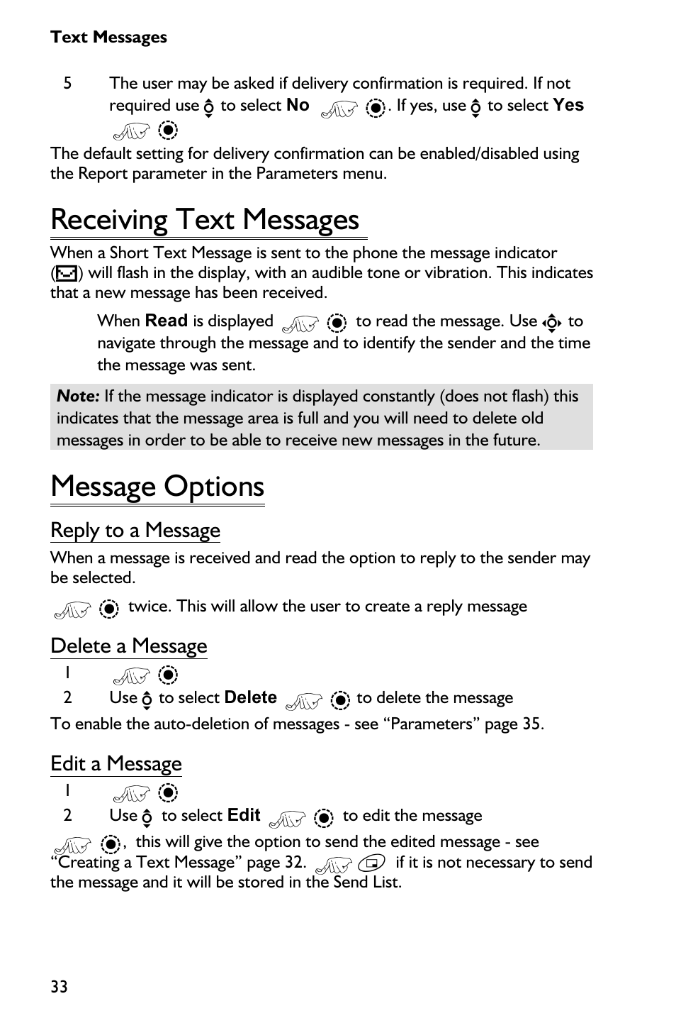 Receiving text messages 33, Message options 33, Receiving text messages | Message options, Reply to a message, Delete a message, Edit a message | Panasonic EB-GD75 User Manual | Page 42 / 80