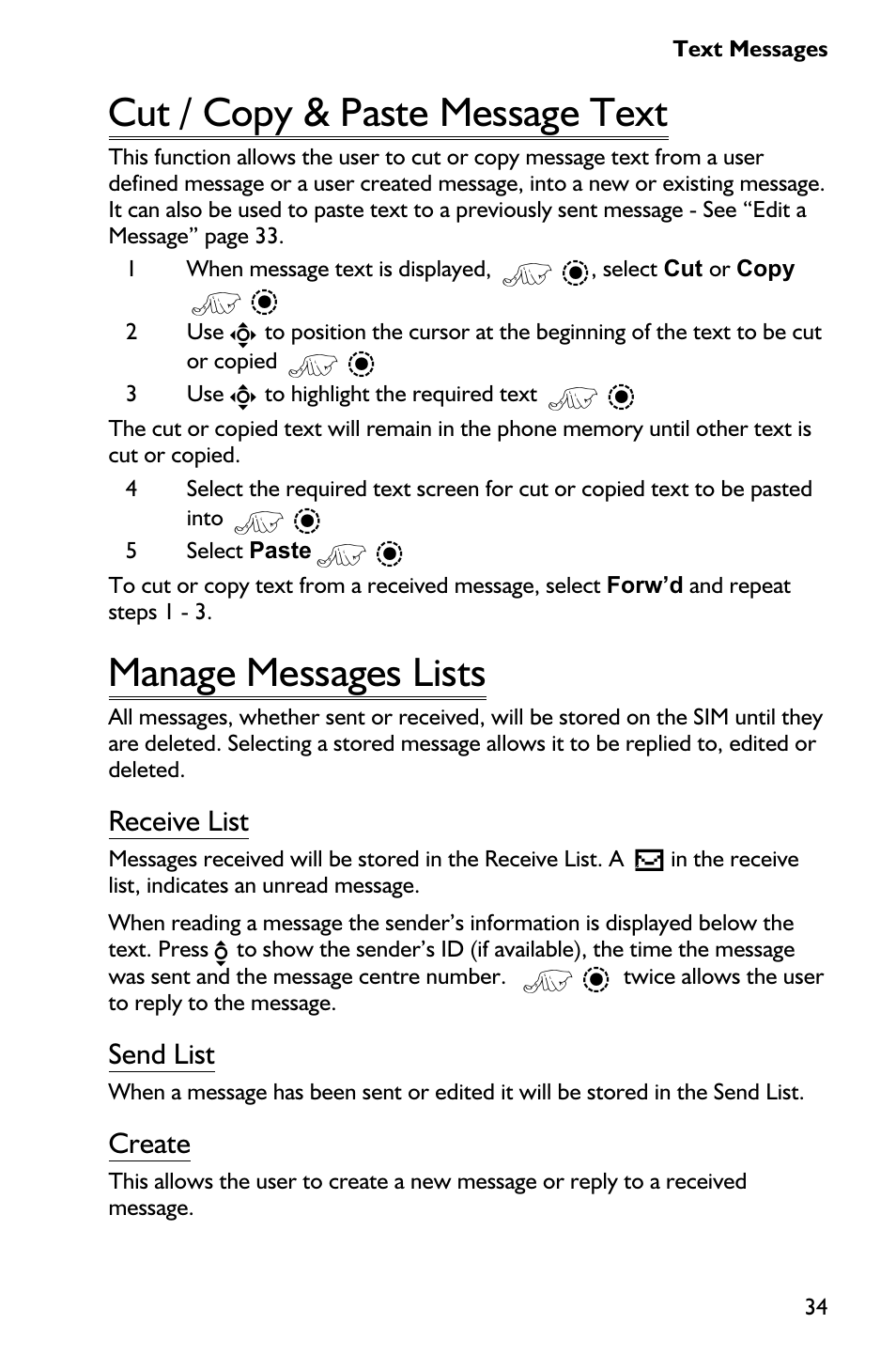 Cut / copy & paste message text 34, Manage messages lists 34, Cut / copy & paste message text | Manage messages lists, Receive list, Send list, Create | Panasonic EB-GD75 User Manual | Page 43 / 80