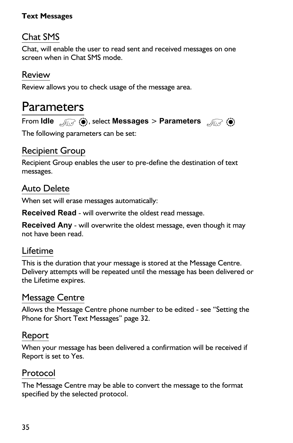 Parameters 35, Parameters, Chat sms | Review, Recipient group, Auto delete, Lifetime, Message centre, Report, Protocol | Panasonic EB-GD75 User Manual | Page 44 / 80