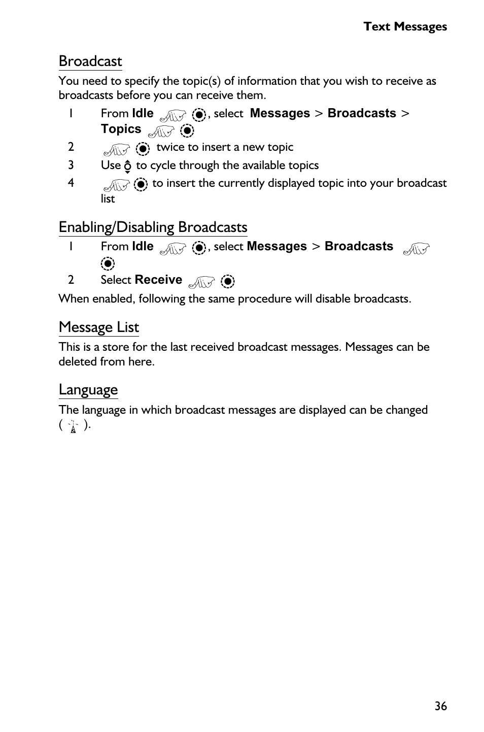 Broadcast, Enabling/disabling broadcasts, Message list | Language | Panasonic EB-GD75 User Manual | Page 45 / 80