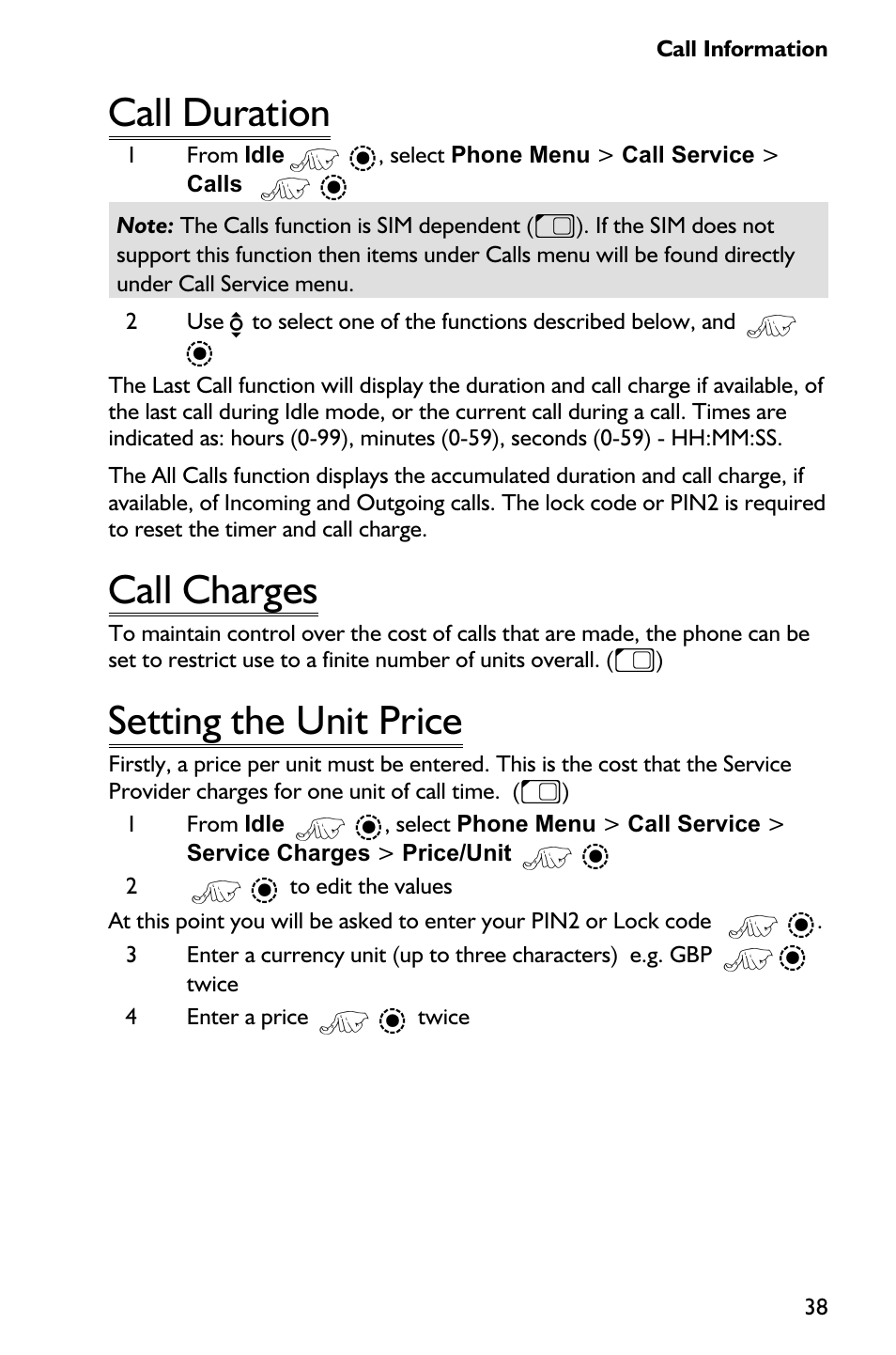 Call duration 38, Call charges 38, Setting the unit price 38 | Call duration, Call charges, Setting the unit price | Panasonic EB-GD75 User Manual | Page 47 / 80