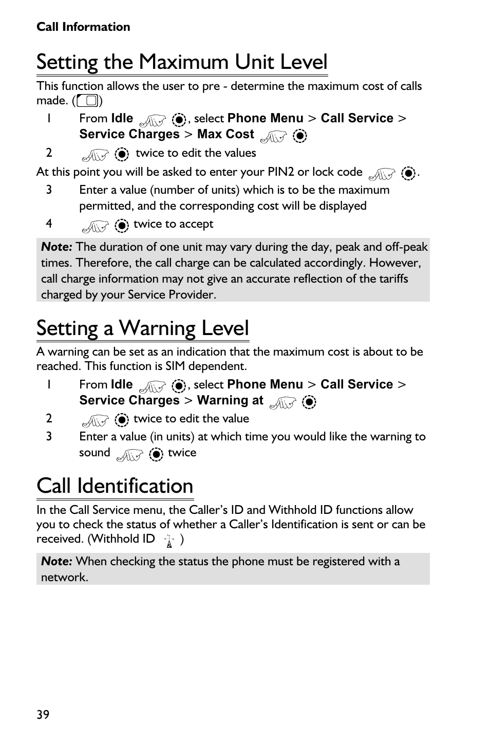 Setting the maximum unit level 39, Setting a warning level 39, Call identification 39 | Setting the maximum unit level, Setting a warning level, Call identification | Panasonic EB-GD75 User Manual | Page 48 / 80