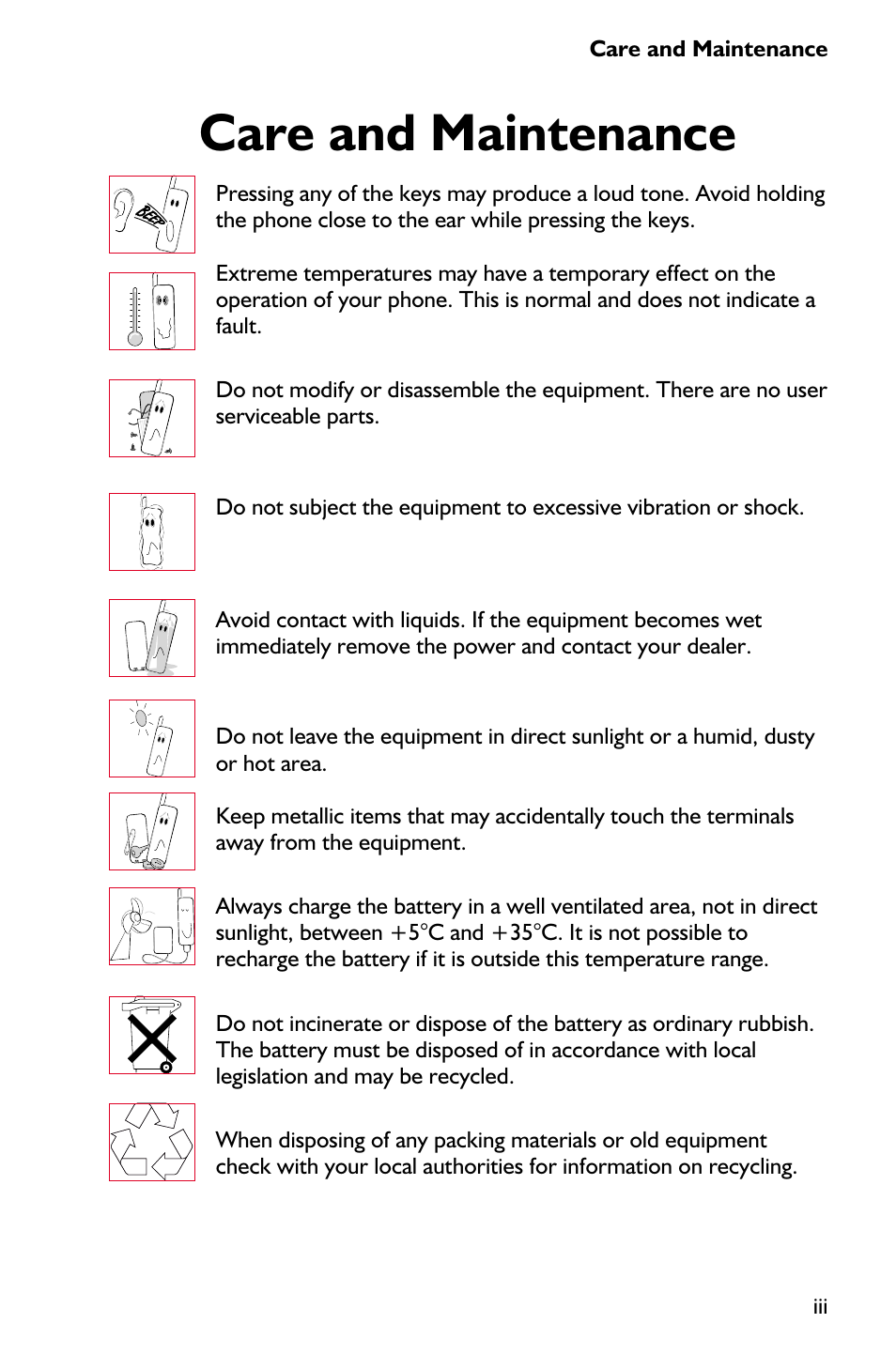 Care and maintenance iii, Care and maintenance | Panasonic EB-GD75 User Manual | Page 5 / 80