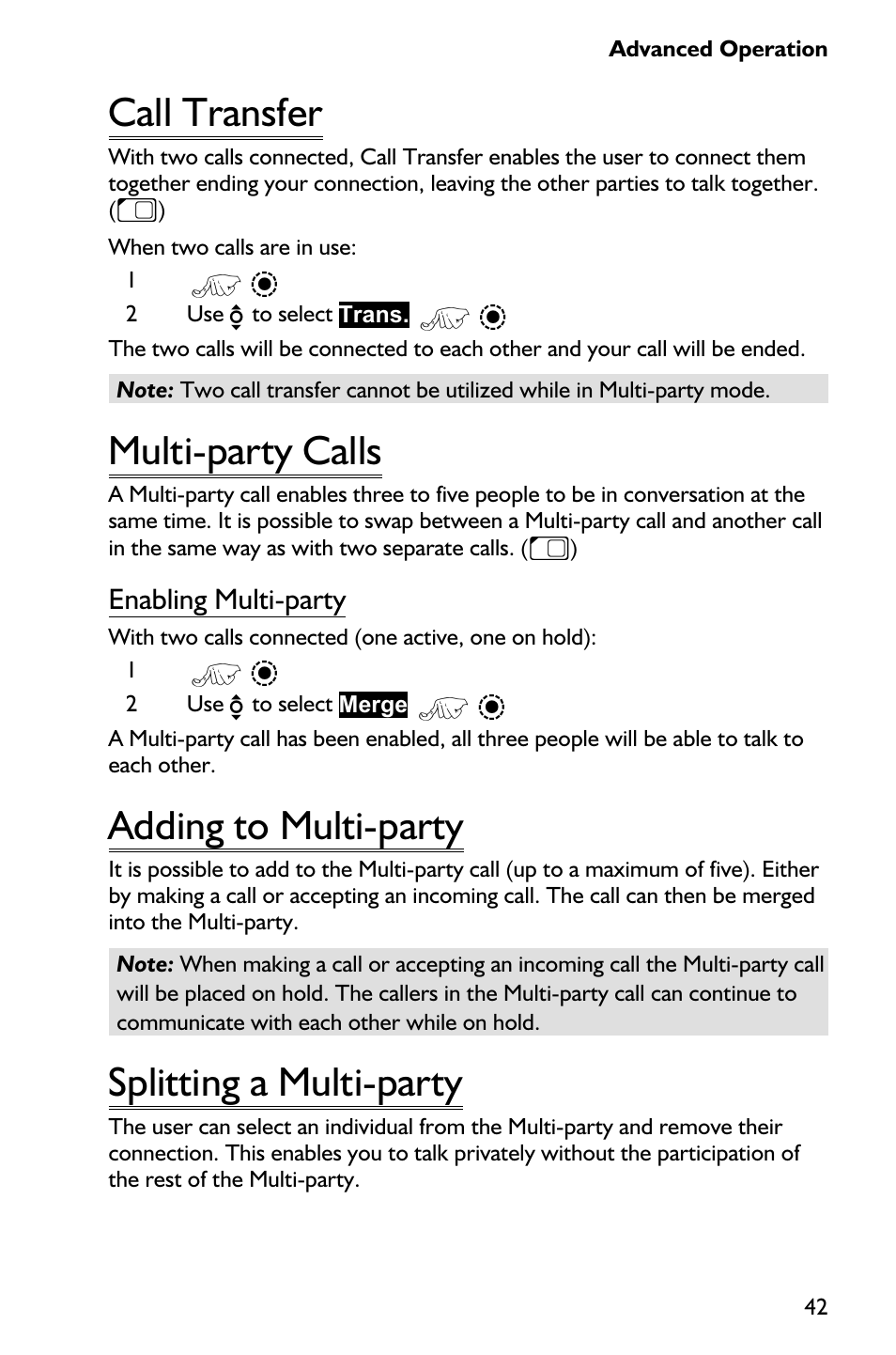 Call transfer 42, Multi-party calls 42, Adding to multi-party 42 | Splitting a multi-party 42, Call transfer, Multi-party calls, Adding to multi-party, Splitting a multi-party, Enabling multi-party | Panasonic EB-GD75 User Manual | Page 51 / 80