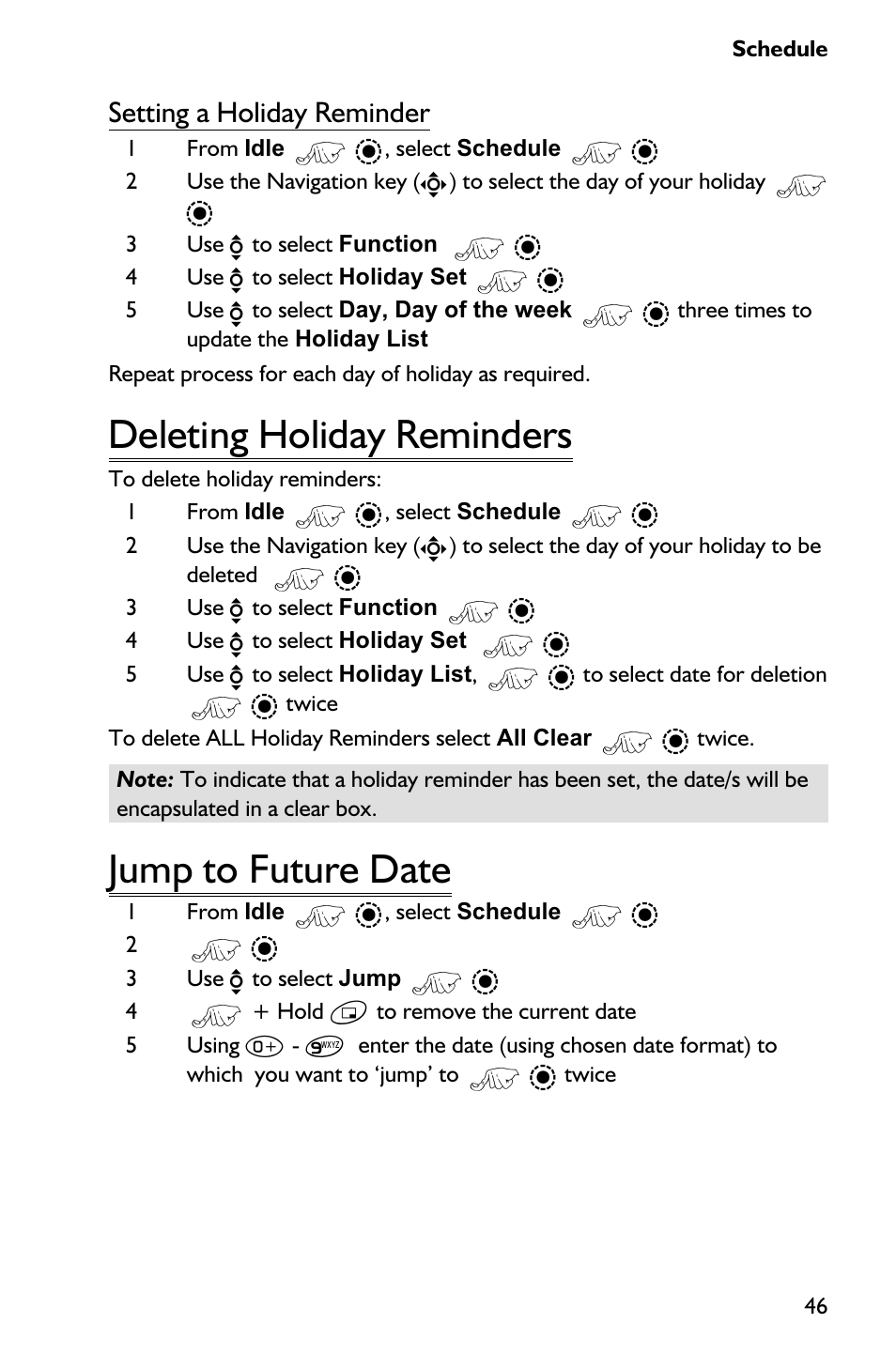 Deleting holiday reminders 46, Jump to future date 46, Deleting holiday reminders | Jump to future date, Setting a holiday reminder | Panasonic EB-GD75 User Manual | Page 55 / 80