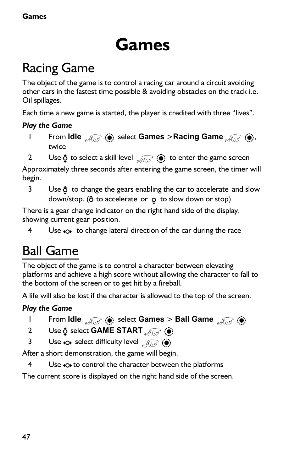 Games 47, Racing game 47, Ball game 47 | Games, Racing game, Ball game | Panasonic EB-GD75 User Manual | Page 56 / 80