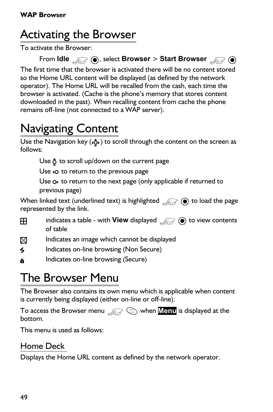 Activating the browser 49, Navigating content 49, The browser menu 49 | Activating the browser, Navigating content, The browser menu, Home deck | Panasonic EB-GD75 User Manual | Page 58 / 80