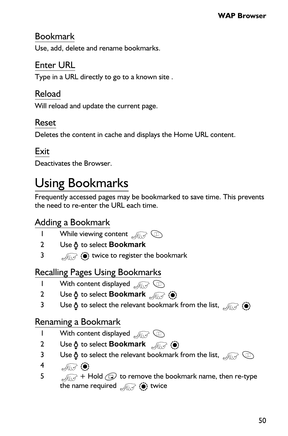 Using bookmarks 50, Using bookmarks, Bookmark | Enter url, Reload, Reset, Exit, Adding a bookmark, Recalling pages using bookmarks, Renaming a bookmark | Panasonic EB-GD75 User Manual | Page 59 / 80