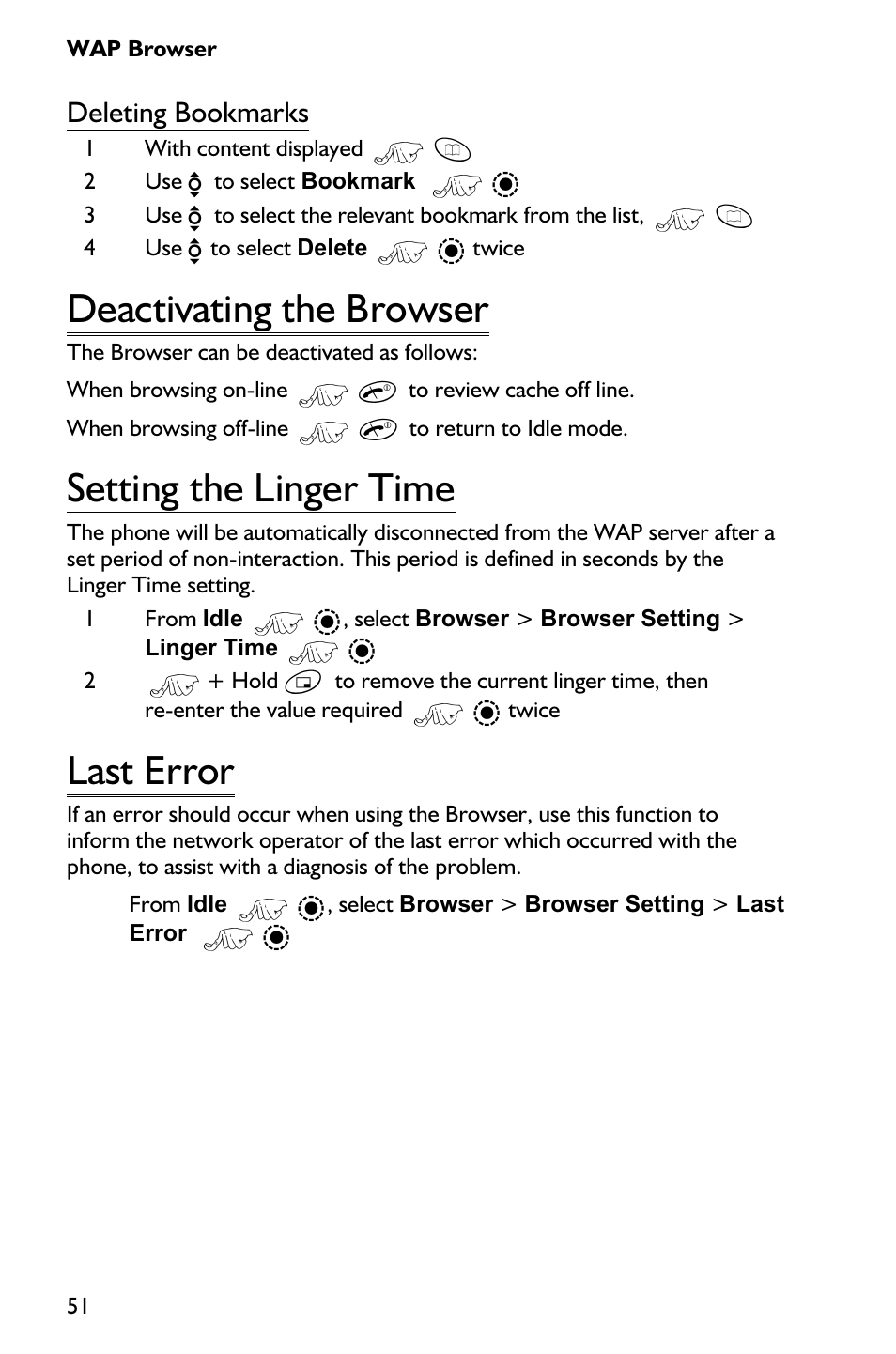 Deactivating the browser 51, Setting the linger time 51, Last error 51 | Deactivating the browser, Setting the linger time, Last error, Deleting bookmarks | Panasonic EB-GD75 User Manual | Page 60 / 80