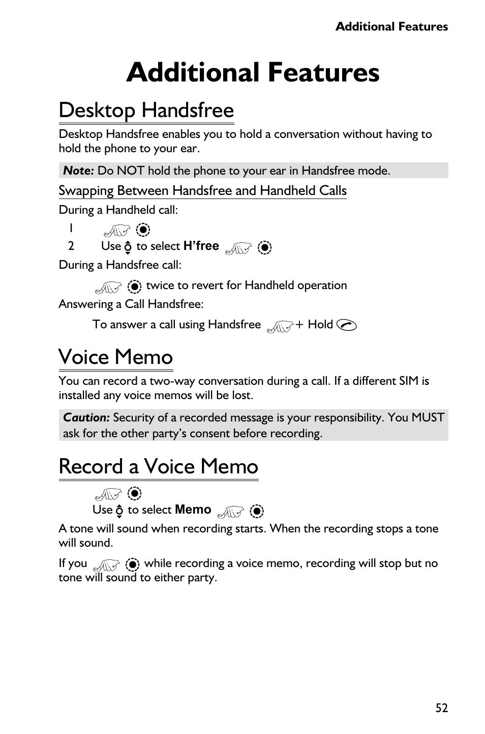 Additional features 52, Desktop handsfree 52, Voice memo 52 | Record a voice memo 52, Additional features, Desktop handsfree, Voice memo, Record a voice memo | Panasonic EB-GD75 User Manual | Page 61 / 80