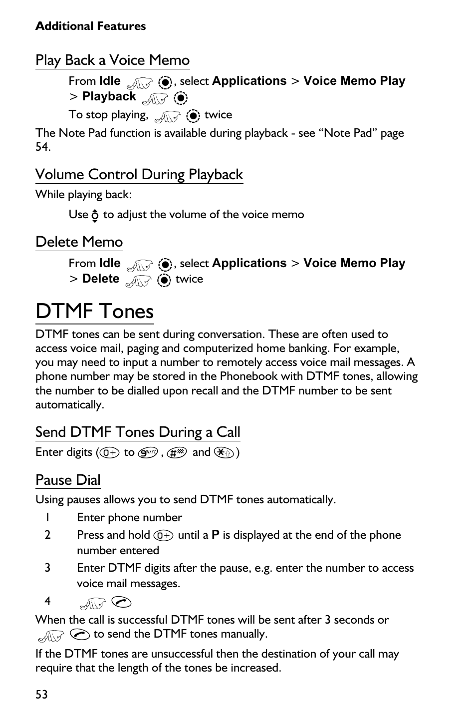 Dtmf tones 53, Dtmf tones, Volume control during playback | Send dtmf tones during a call, Pause dial | Panasonic EB-GD75 User Manual | Page 62 / 80