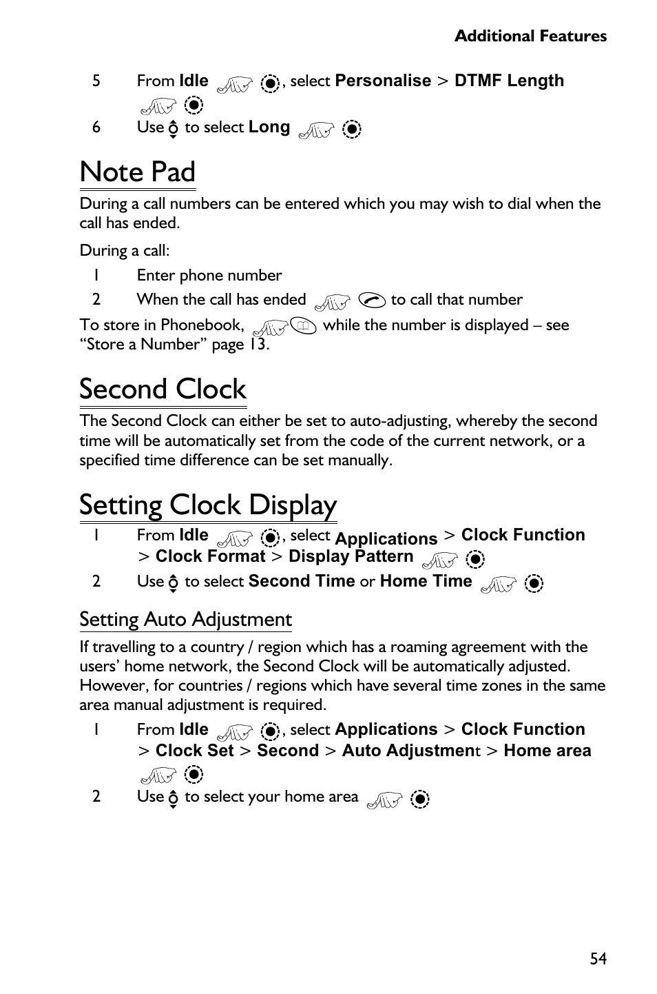 Note pad 54, Second clock 54, Setting clock display 54 | Note pad, Second clock, Setting clock display, Setting auto adjustment | Panasonic EB-GD75 User Manual | Page 63 / 80
