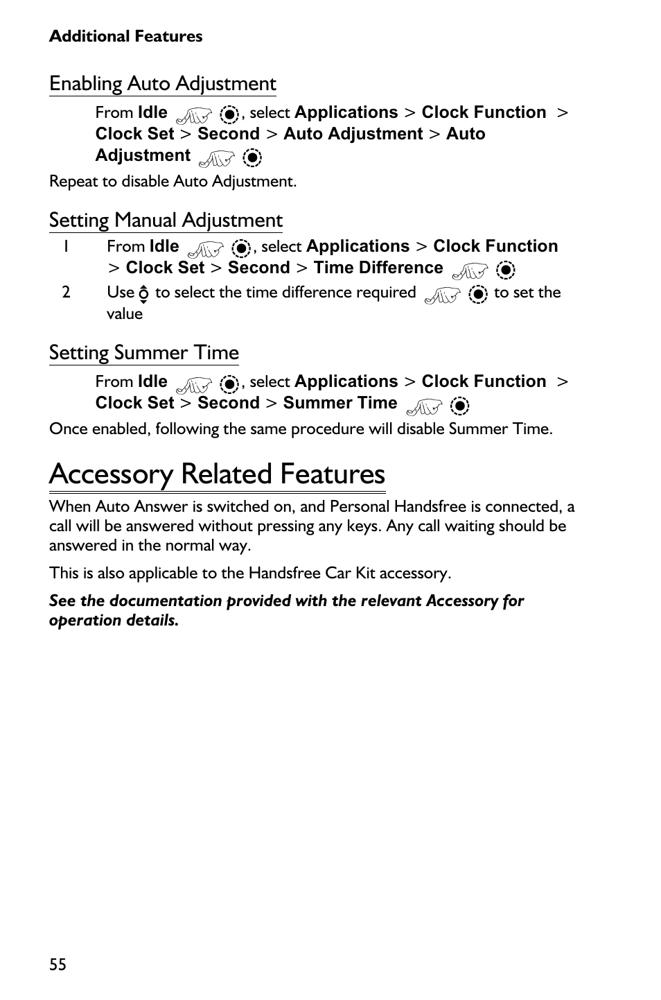 Accessory related features 55, Accessory related features, Enabling auto adjustment | Setting manual adjustment, Setting summer time | Panasonic EB-GD75 User Manual | Page 64 / 80