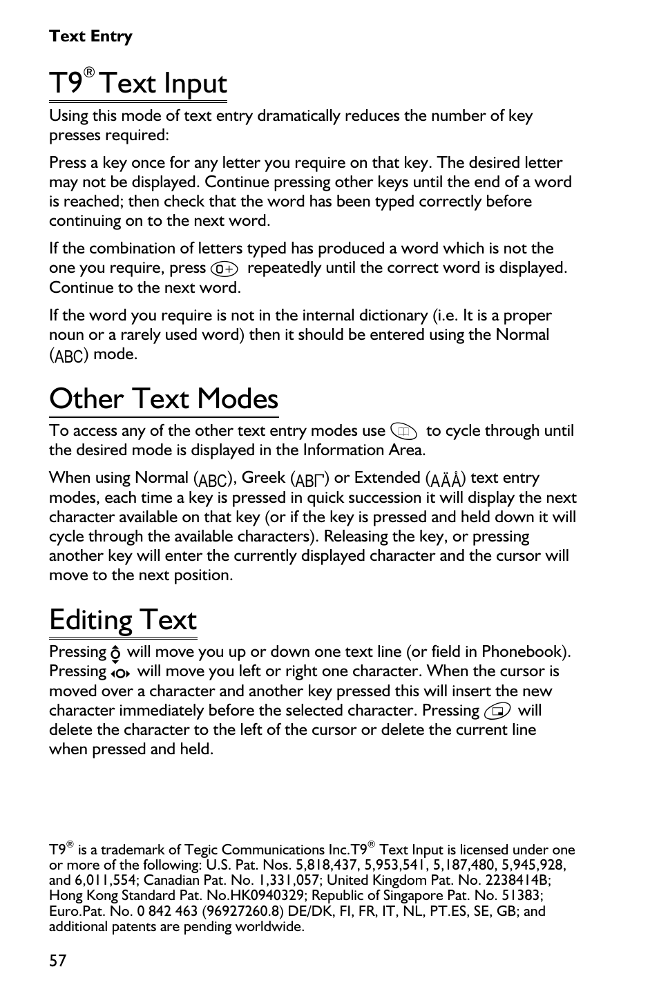 T9® text input 57, Other text modes 57, Editing text 57 | Text input, Other text modes, Editing text | Panasonic EB-GD75 User Manual | Page 66 / 80