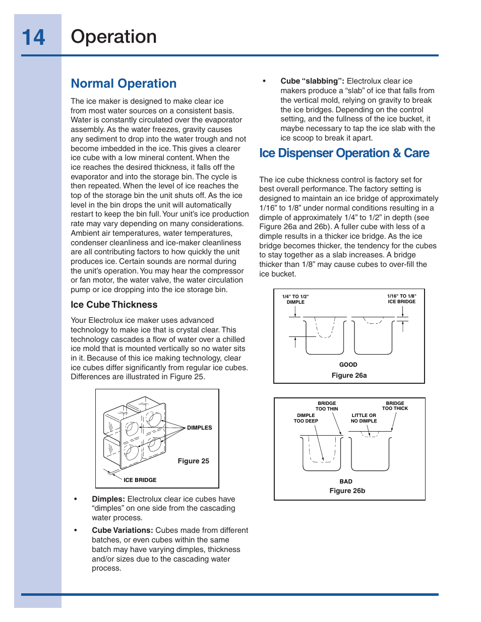 Operation, Normal operation, Ice dispenser operation & care | Ice cube thickness | Electrolux 241927600 User Manual | Page 14 / 22