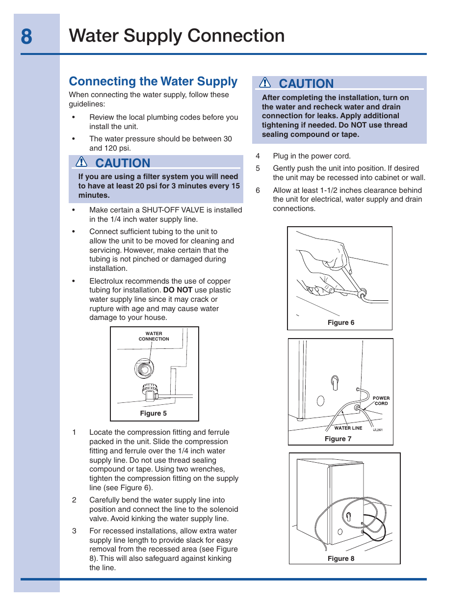 Water supply connection, Caution, Connecting the water supply | Electrolux 241927600 User Manual | Page 8 / 22