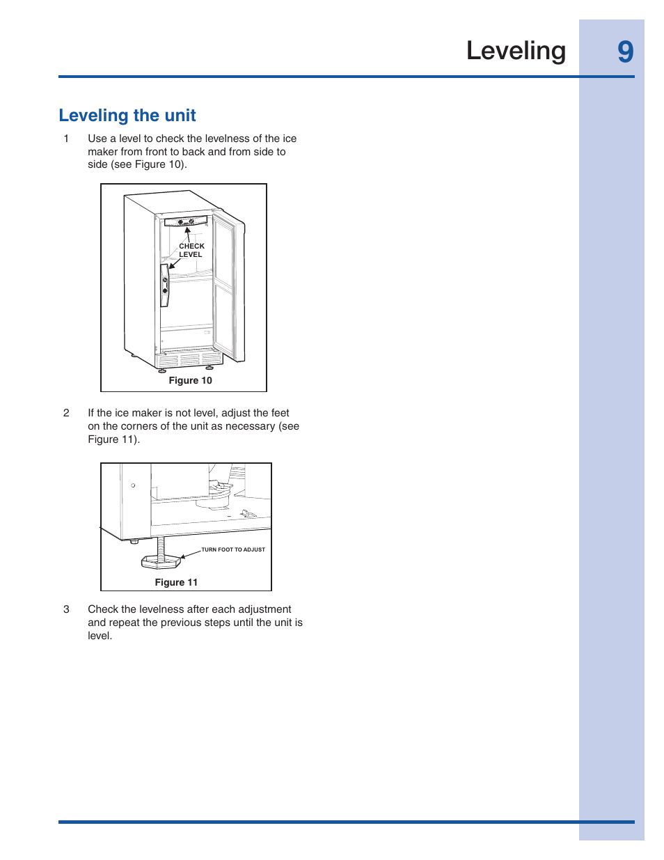 Leveling, Leveling the unit | Electrolux 241927600 User Manual | Page 9 / 22