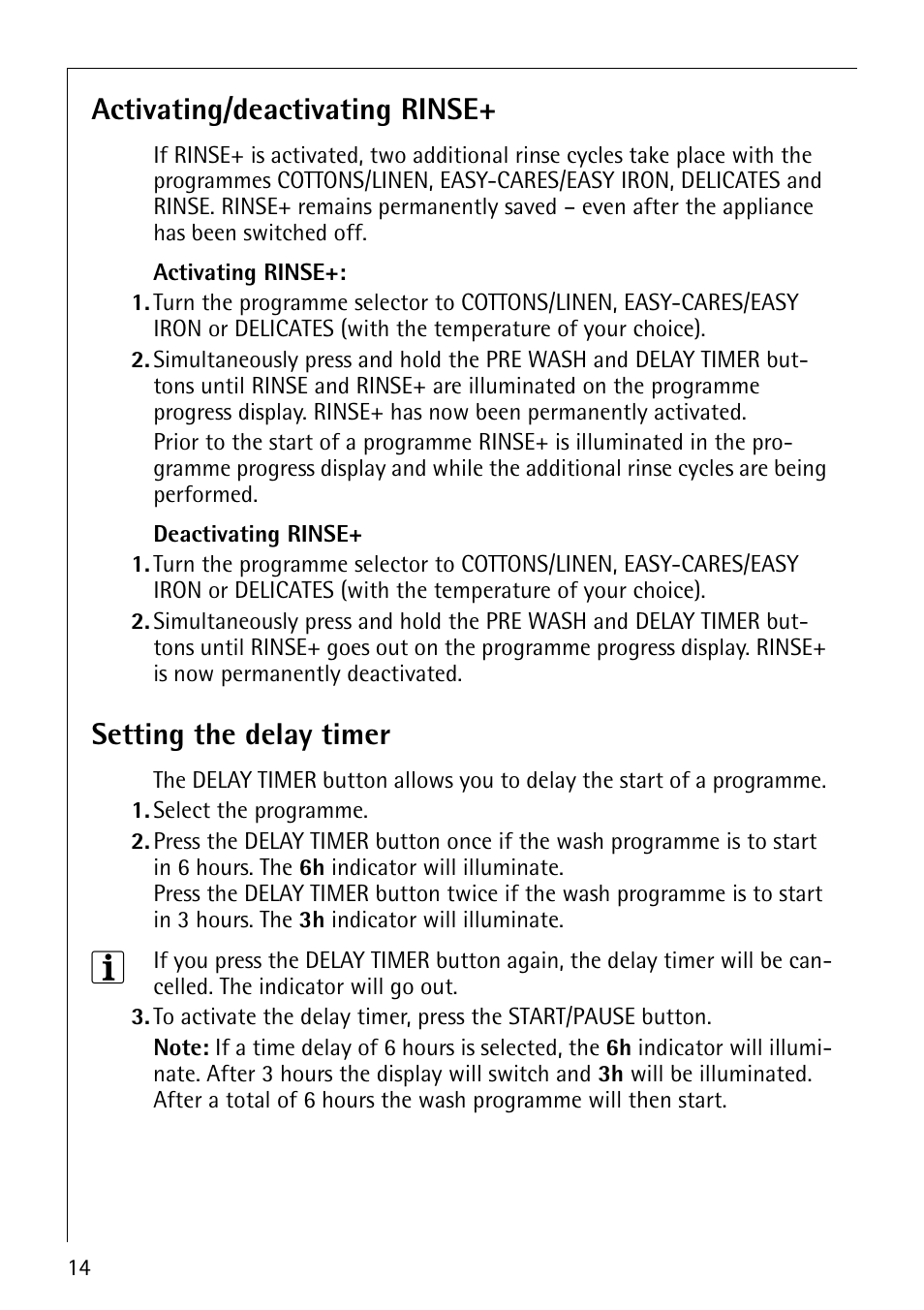 Activating/deactivating rinse, Setting the delay timer | Electrolux LAVAMAT 50815 User Manual | Page 14 / 40