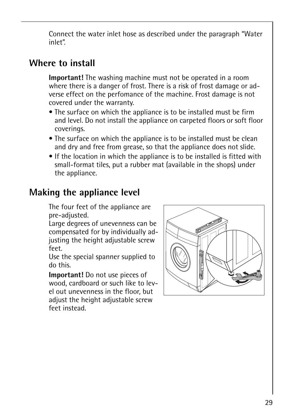 Where to install, Making the appliance level | Electrolux LAVAMAT 50815 User Manual | Page 29 / 40