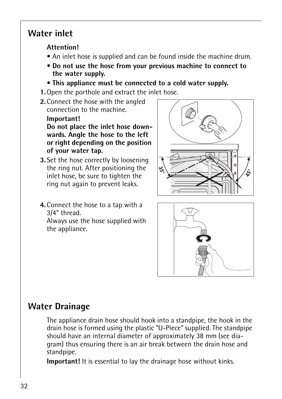 Water inlet, Water drainage | Electrolux LAVAMAT 50815 User Manual | Page 32 / 40