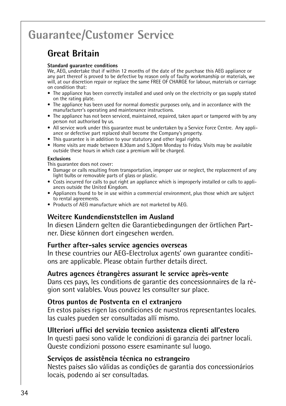 Guarantee/customer service, Great britain | Electrolux LAVAMAT 50815 User Manual | Page 34 / 40