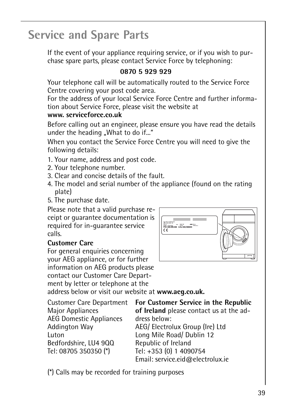 Service and spare parts | Electrolux LAVAMAT 50815 User Manual | Page 39 / 40