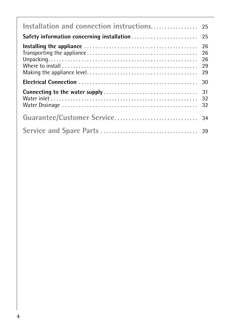 Installation and connection instructions, Guarantee/customer service, Service and spare parts | Electrolux LAVAMAT 50815 User Manual | Page 4 / 40