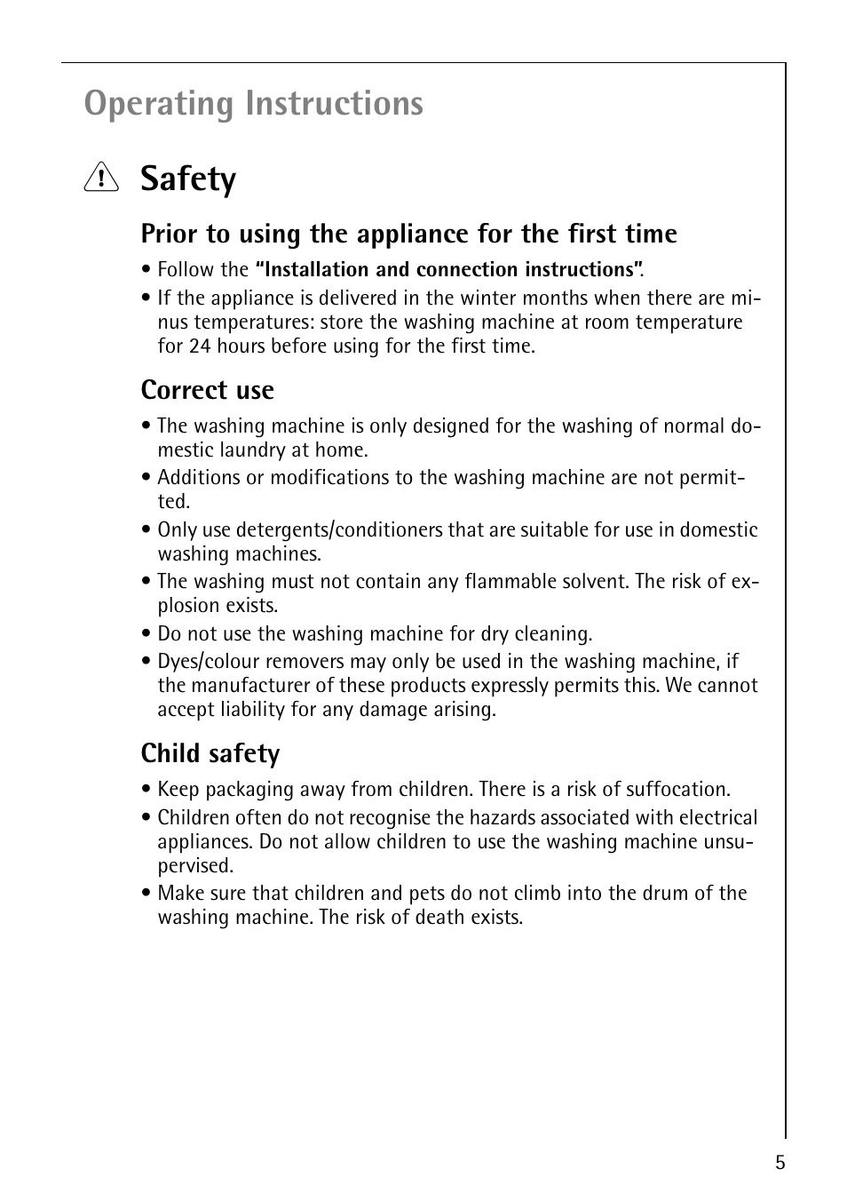 Operating instructions 1 safety, Prior to using the appliance for the first time, Correct use | Child safety | Electrolux LAVAMAT 50815 User Manual | Page 5 / 40