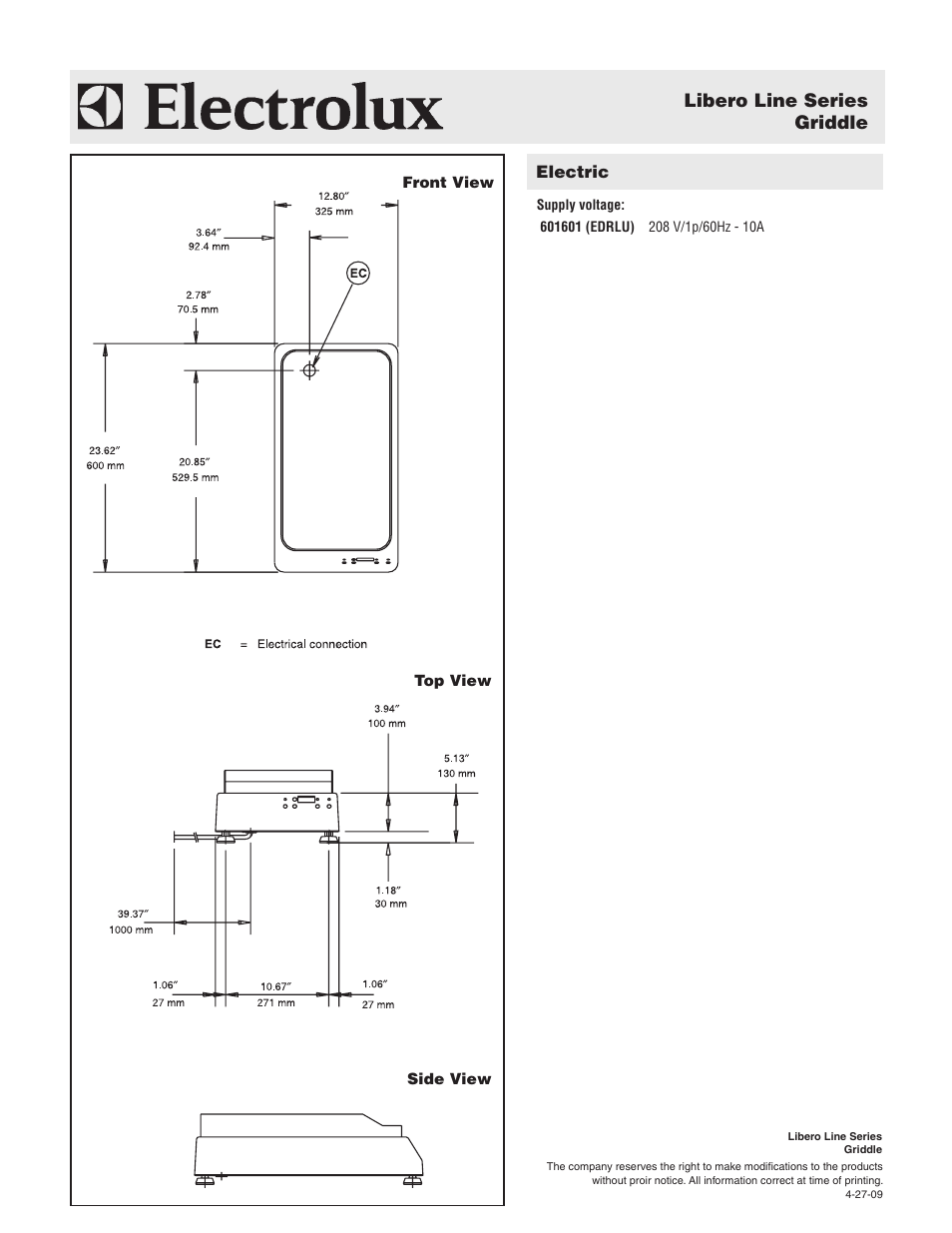 Libero line series griddle, Electric | Electrolux 601601 User Manual | Page 2 / 2