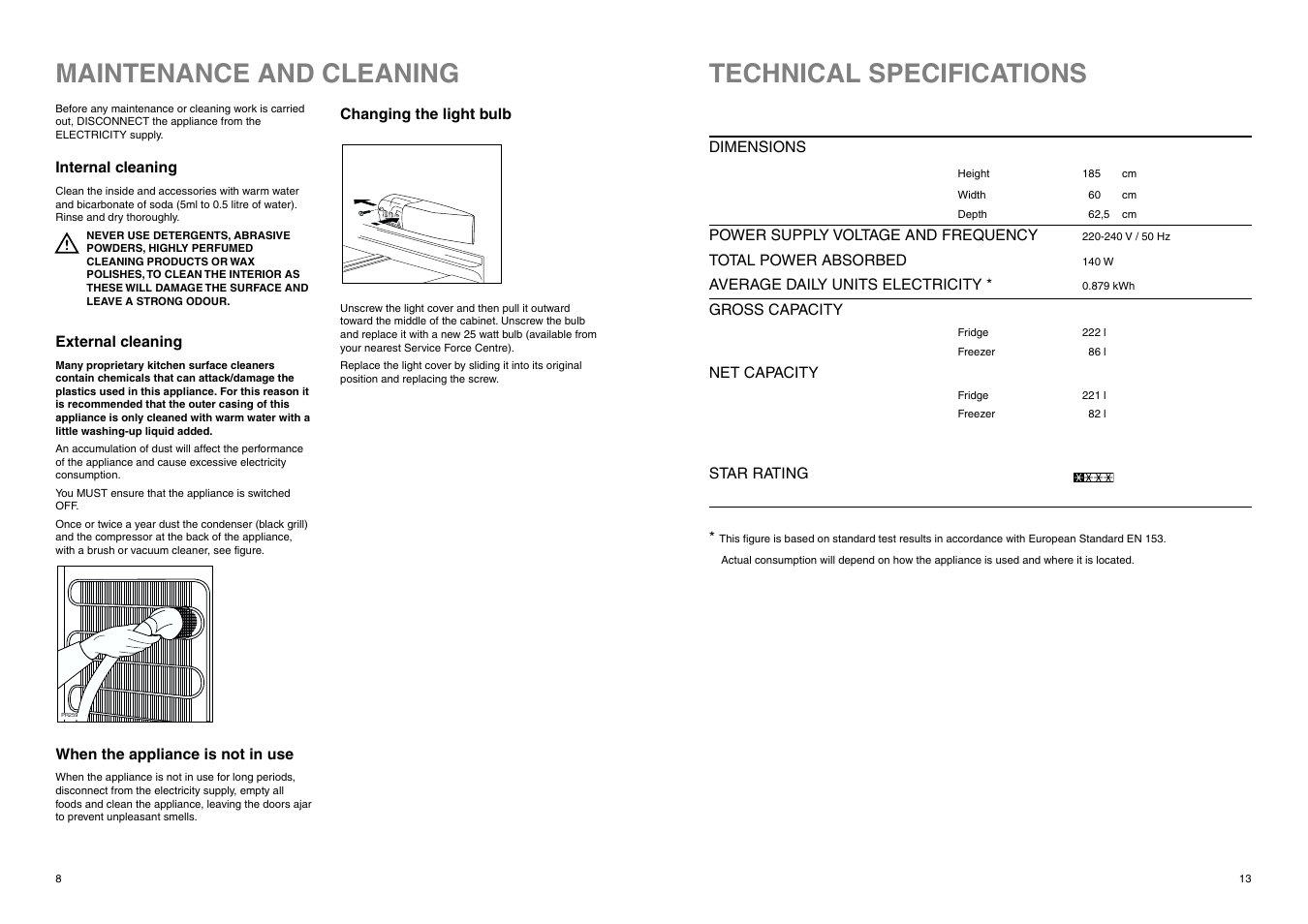 Maintenance and cleaning, Technical specifications | Electrolux ERB 3023 User Manual | Page 13 / 20